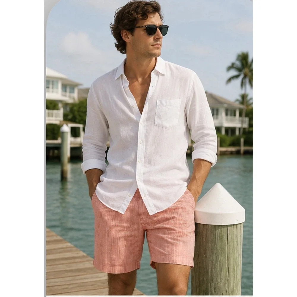 Tommy Bahama Relax 100% Linen Shorts Coral Pink Striped Men's 33 Coastal Preppy